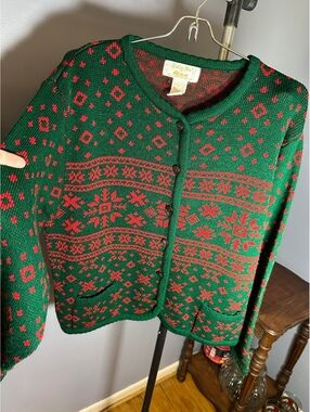Vintage Tally Ho Nordic Fair Isle Cardigan Sweater Red Green Holiday Pockets L